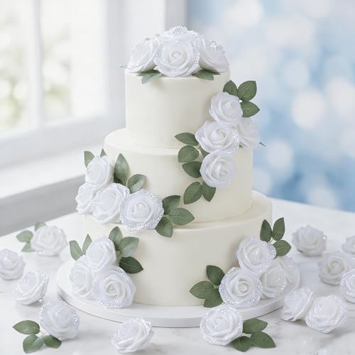 30Pcs White Artificial Crystal Rose Artificial Flowers, Realistic Fake Crystal Roses for Wedding Center Decorations, Party Home Decorations, Valentine's Day, Bouquets. - color: 30pcs White