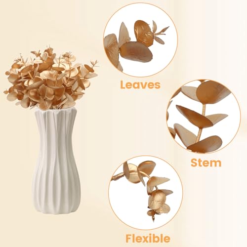 24 Pcs Artificial Eucalyptus Leaves Eucalyptus Garland Faux Greenery Stems for Flower DIY Home Decorative Bouquet, Gold - color: Gold