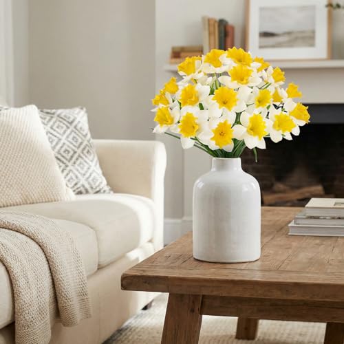 3 Bundles Daffodils Artificial Flowers, 15" Faux Daffodils with 21 Flower Heads, Real Touch Fake Spring Flower White & Yellow Decorative Flowers Bouquet for Home Wedding Centerpieces Vases Arrangement - color: White, size: 3 Bundles-15 Inch