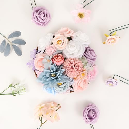 Artificial Flowers Combo Box Dusty Blue Pink Artificial Flowers for DIY Tables Centerpieces Baby Shower Bridal Shower Wedding Bouquet Party Decor - color: Pastel Pink Blue