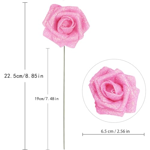 IPOPU Pink Glitter Roses,25PCS Fake Roses Sparkle Roses Bouquet Roses Artificial Flowers with Stems for Cake Wedding Bouquet Home Party Decoration(Dark Pink) - color: Dark Pink