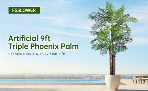 Artificial Triple Phoenix Palm Tree 9ft with 31 Leaves Realistic Tropical Coconut Areca Sago Palm Tall Large Faux Plant 106 Inch Black Pot for Indoor Home Office Porch Mall School Decor - size: 9ft