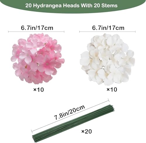 20 Pcs White and Pink Hydrangea Artificial Flowers Bulk, Faux Hydrangea Flowers Heads, Artificial Fake Silk Hydrangea Flowers with Stems, White Flowers Artificial for Decoration Wedding Décor - color: White Pink, size: 20 Pcs