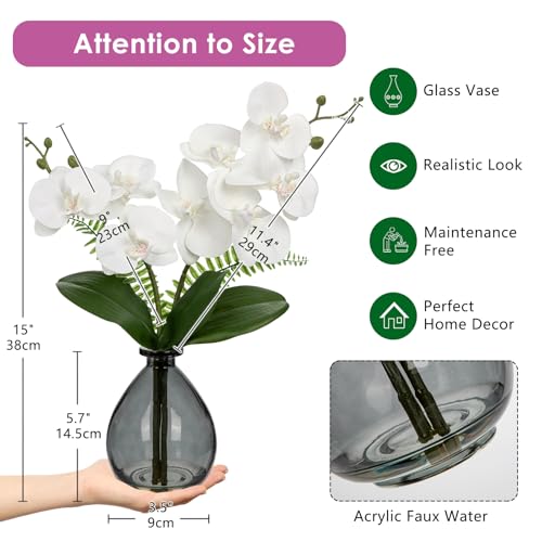 Oairse White Orchids Artificial Flowers, Faux Orchid in Glass Vase Real Touch Small Phalaenopsis Orchid Flowers Arrangements with Black Vase Orchids Centerpiece for Dining Room Table - color: White & Black