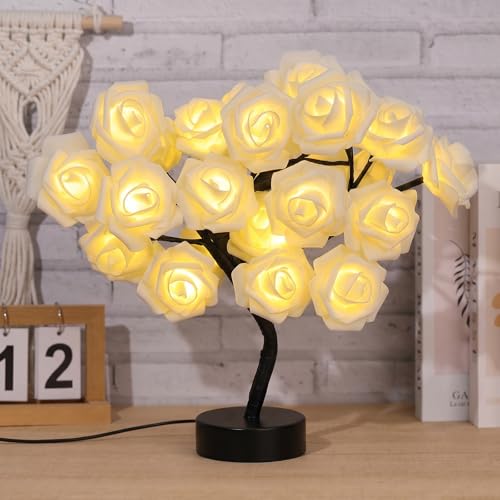 Drawelry Rose Flower Tree Lamp - LED Rose Tree Table Lamp USB/Battery Powered Artificial Bonsai Flower Night Light for Bedroom Living Room Party Wedding Valentines Mothers Day Decor (Cream) - color: Cream