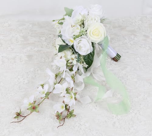White Wedding Bouquets for Bride,10 Inch Fake Cascading Bridal Bouquet Silk Faux Flowers for Ceremony Anniversary Wedding Bridal Shower(White & Ivory) - color: White & Ivory