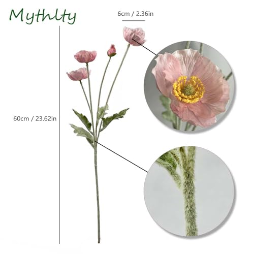 Set of 6 Poppies Flowers Artificial Silk Flowers with Long Stems Faux Wildflowers Bouquet for Vases Oil Pastel Style for Wedding Party Indoor Home Office Decor (Opal Pink) - color: Opal Pink