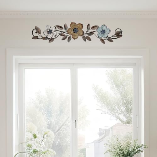 Wesiti Metal Flower Wall Decor Vintage Metal Flower Wrought Iron Scroll Sculpture 15.7''x3.7'' Not 3D, Flat Farmhouse Leaf Wall Decor with Nails for Summer Bedroom Kitchen Indoor Outdoor(Colorful) - color: Colorful