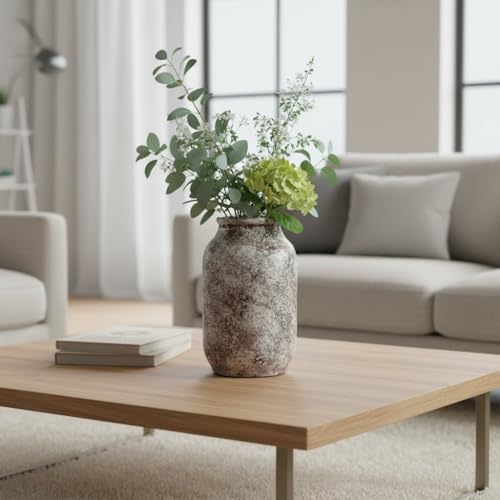 Ceramic Rustic Farmhouse Vase, Terracotta Pottery Flower Vase, Farmhouse Decor for Shelf, Table, Living Room, Bedroom Decor, 9 Inch - color: Rustic Brown White