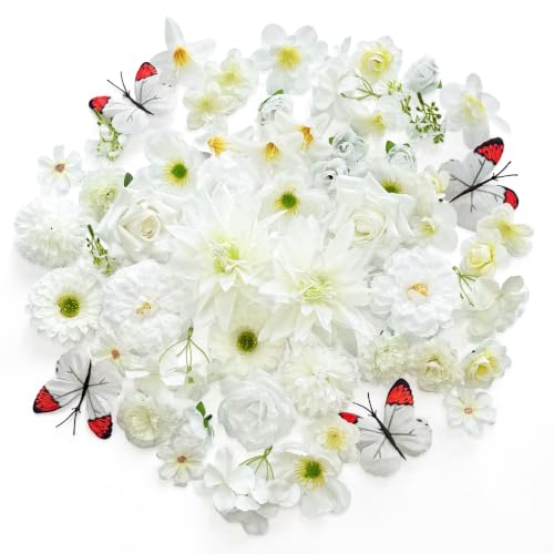Artificial Flowers Heads White Silk Faux Flower Heads Fake Roses Peonies Orchid Lily Flowers Bulk for DIY Craft Cake Wedding Party Bridal Baby Shower Graduation Cap Table Home Decoration - color: White