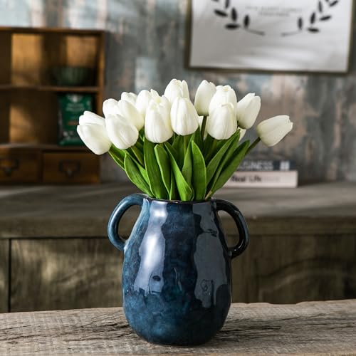 Tanvecle 20pcs White Artificial Tulip Flowers, Silk Fake Flowers 13" for Mother's Day, Easter, Valentine’s Day Gifts in Bulk, Home, Kitchen, Wedding Decorations - color: White