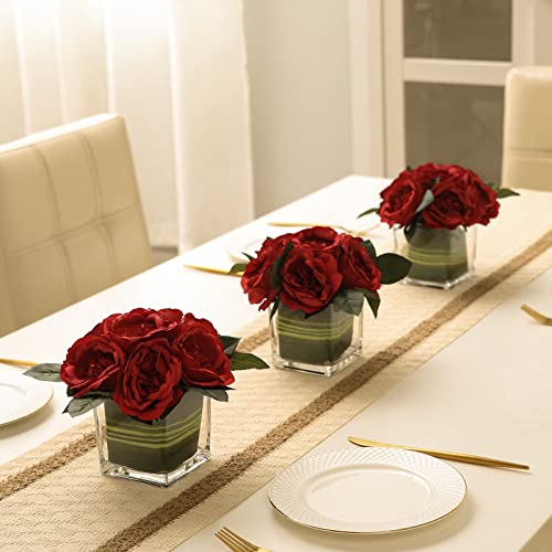Artificial Peony Silk Flower Centerpieces Faux Floral Arrangement in Glass Vase for Home Wedding Table Decoration (Red) - color: Red