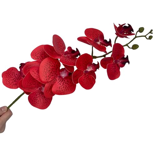 FagusHome Artificial Phalaenopsis Flowers Branches 9 Large Blooms Artificial Orchid Flowers Stem Plants 42 Inches 2 Pcs for Home Wedding Décor (Red Piebald) - color: Red Piebald