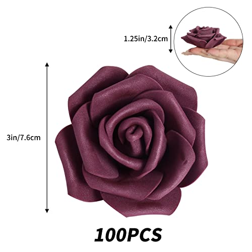 IPOPU Foam Roses Artificial Flowers,100Pcs Stemless Plum Foam Fake Roses Heads 3inch Faux Flower for DIY Crafts, Wall Decorations, Wedding Centerpieces Bouquets, Bridal Shower, Party Home Decor(Plum) - color: Plum