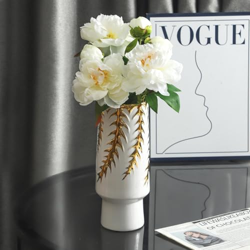 Ceramic Flower Vase, White and Gold vase, 12in Ceramic vases for Home Decor Leaf Pattern Decorative Centerpiece Vases, Vintage-vase for Table, Dining Living Room, Entryway, Office House Decoration - size: 12 Inch