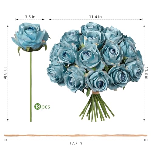 Ivydale 18pcs Blue Roses Artificial Flowers, Fake Roses Silk Flowers with Stems Realistic Bouquet for Mother's Day Wedding Party Home Decoration DIY Centerpiece Floral Romantic Gifts - color: Rose-blue