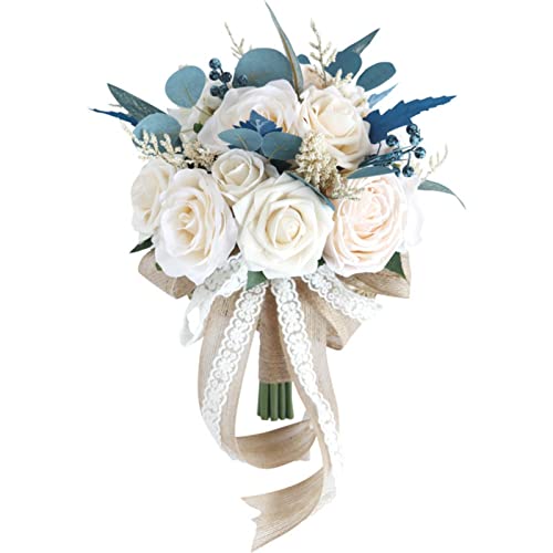 MOJUN Wedding Bouquets for Bride Bridesmaid Bouquet Dusty Blue Artificial Roses Flowers for Wedding Bridal Shower Valentine's Day Party Church Home Decoration - color: Dusty Blue Bouquet a