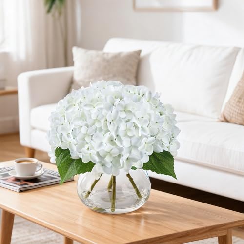 Artificial Hydrangea Flowers Arrangements in Glass Vase for Home Decoration, Faux Hydrangea Flowers for Floral Arrangements with Faux Water Wedding Bouquets Kitchen Table Centerpiece Decor - color: White