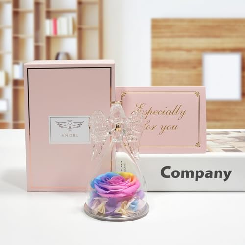 Miofula Gifts for Mom Birthday Gifts for Women, Preserved Flowers Rose in Glass Angel Figurines, Fresh Flowers for Delivery Anniversary Forever Real Roses Gifts for Mothers Grandma Her Wife Girlfriend - color: Rainbow