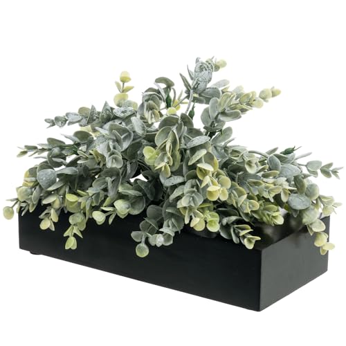 MyGift Artificial Eucalyptus Plant in Black Wood Decorative Planter Pot, Realistic Faux Indoor Greenery in Container for Tabletop Centerpiece Décor - color: Ink Black, size: 9.5 Inch