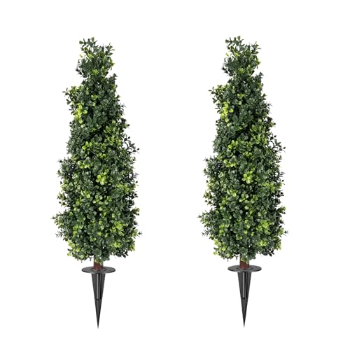 2 Pack Artificial Boxwood Topiary Trees with Ground Spike, 2 FT Faux Boxwood Topiaries Cone Bushes Trees UV Resistant Artificial Shrubs for Indoor Outdoor Front Porch Garden - color: Boxwood-4