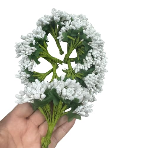 Rikyo Artificial Mini White Flower Stamen Pistil, 144pcs, 20mm | Soft Stem,Tiny Berry for Make Bridal Hair Clips,Cake Top,Wrist Corsage Boutonniere,Candle Rings Wreath Bracelet Flower - color: White