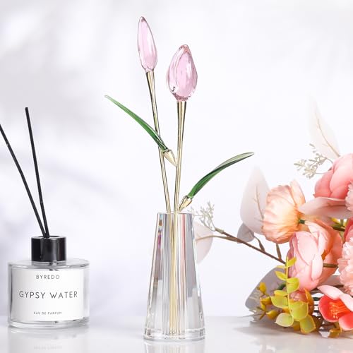 LONGWIN Crystal Tulips Flower Figurine Collectible with Vase Glass Spring Bouquet Flowers with Stem Home Decor Gift for Women Mom - color: Long - Pink