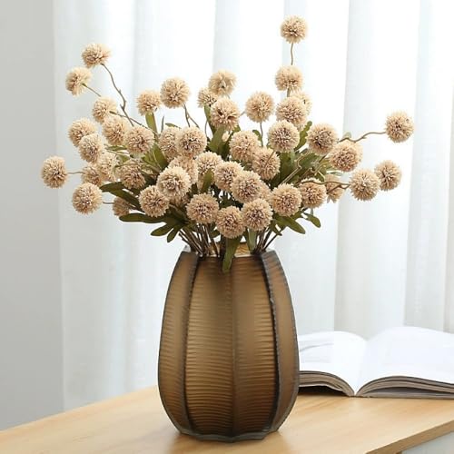 6pcs Pompon Mum Artificial Flower, Faux Silk Mini Chrysanthemum with Stems, for DIY Bouquet Centerpieces Office Wedding Decoration (Beige) - color: Beige