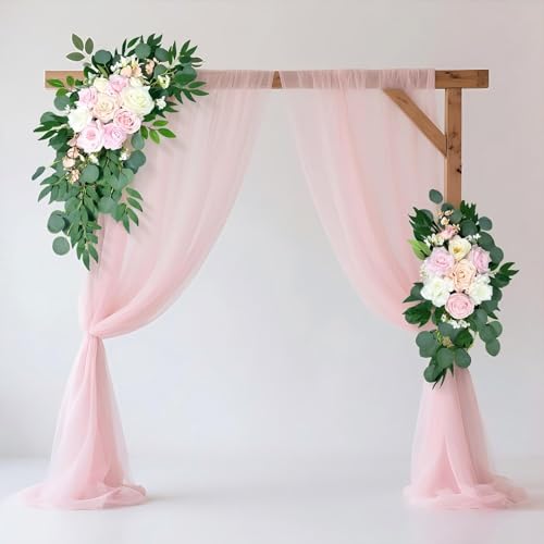 Petalivebioom Artificial Wedding Arch Flowers (Pack of 2), White Wedding Flowers for Wedding Welcome Ceremony Sign, Faux Floral Swags, Banquet and Reception Backdrop Floral Decoration (White & Pink) - color: White and Pink