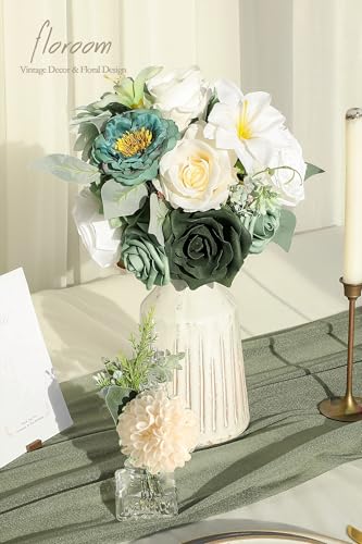 Floroom Sage Green Artificial Flowers Fake Roses Peonies Dahlia Greenery Combo Box Set for DIY Wedding Bouquets Bridal Shower Centerpieces Floral Arrangements Party Tables Home Decoration - color: Olive Sage Green