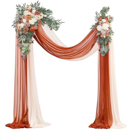 Floroom Arch Flowers with Drapes Kit (Pack of 4) - 2pcs Artificial Terracotta & Cream Floral Swag Arrangement with 2pcs Draping Fabric for Wedding Ceremony Arbor and Reception Backdrop Decoration - color: Terracotta & Cream