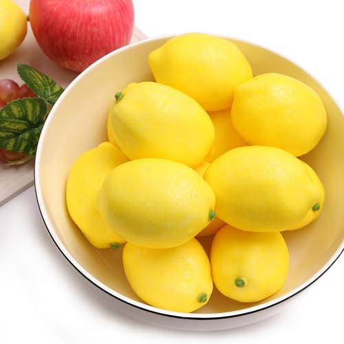 12PCS Artificial Lemons Fake Fruit Realistic Simulation Lemon Decor for Kitchen Counter Table Centerpiece, Thanksgiving Christmas Home Decoration, DIY Craft Filler for Glass Jar Vase - color: 12pcs Yellow Lemon