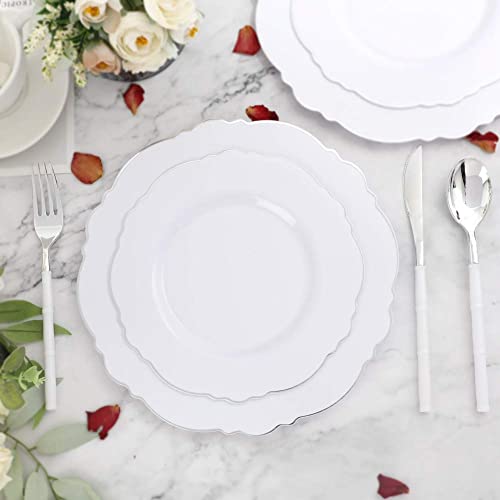 WDF 60pcs Silver Plastic Plates-Baroque White &Silver Plates for Upscale Parties &Wedding-including 30Plastic Dinner Plate 10.25inch, 30 Salad Plate 7.5inch for Baby/Shower/Wedding/Independence Day - color: Silver, size: 60PCS