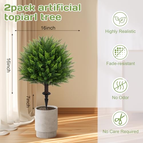 Artificial Cedar Topiary Ball Tree 23" with Ground Spike, Set of 2 Artificial Boxwood Bushes for Faux Shrubs, Fake Evergreen Faux Plant for Indoor Outdoor Porch Garden- UV Resistant – Fade-Proof - color: Cedar
