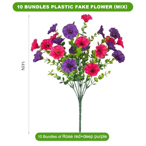 ADXORA 12 Bundles Morning Glory Artificial Flowers for Outdoor Decoration UV Resistant Fake Plastic Plants Artificial Greenery for Indoor Outdoor Garden Patio Window Box Home Decor - color: Hot Pink,dark Purple