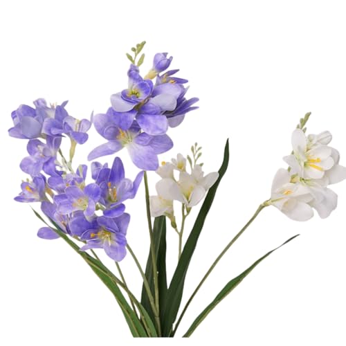 4pcs Freesias Flowers Artificial with Long Stem,24"Real Touch Dendrobium Plants Fake Orchid Leaves,Faux Larkspur Flowers for Outdoor Table Garden Party Wedding Bouquet Fillers,Patio Decor (Blue&White) - color: Blue&white