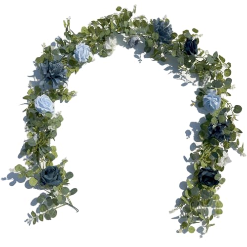 Artificial Flower Garland，6.5Ft Fake Dahlia Rose Flowers Garland Floral Eucalyptus Greenery Vine for Wedding Arch，Table Runner Centerpieces Backdrop Room Wall Hanging Plant Decor（Blue） - color: Blue