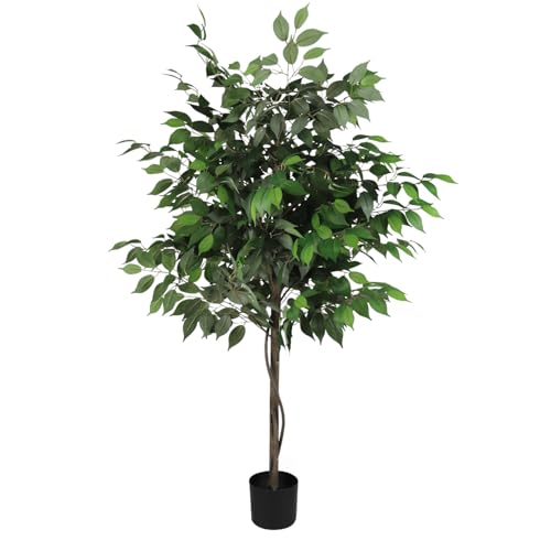 E&K 5FT Artificial Ficus Tree with Plastic Nursery Pot, Silk Faux Ficus Tree Artificial Plant for Home Office Garden Indoor Outdoor Decor (1 Pack) - color: Ficus Tree, size: 5ft