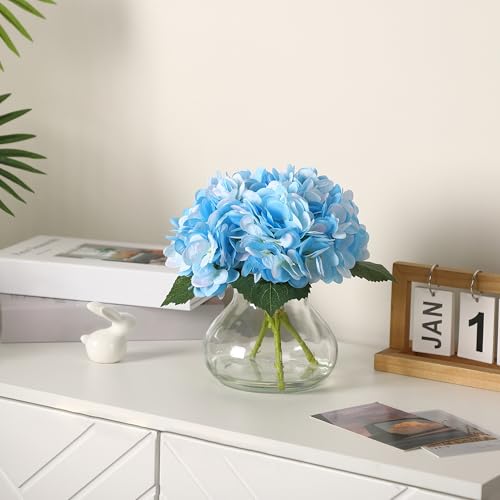 Artificial Hydrangea Flowers with Glass Vase & Fake Water - Faux Hydrangea for Home Table, Wedding Party, Office Decor | Realistic Fake Hydrangeas, Silk Flowers for Vase Arrangement(Hydrangea, blue) - color: Hydrangea, Blue