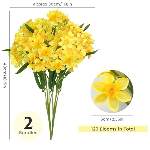 SNAIL GARDEN 2 Bunches 120 Blooms Artificial Daffodils, 18.9”Silk Narcissus, Faux Daffodils for Home Garden Office Wedding Party Decor, DIY Flower Arrangements