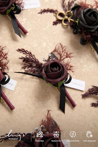 Ling's Moment Boutonniere for Men Wedding,Set of 6 , Groom and Groomsmen Boutonniere for Wedding Homecoming Halloween Ceremony Anniversary, Dinner Party, Prom Flowers and Fall Vintage Wedding - color: Blk-black & Gothic Burgundy