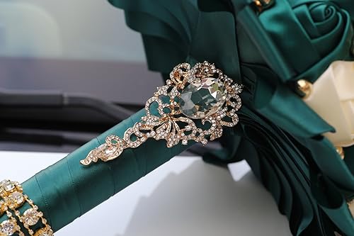 Emerald Green and Ivory Bridal Wedding Bouquet with Gold Brooch Rhinestone Pearl Satin Rose Flower Bouquet for Bride Bridesmaid Quinceanera Wedding Emerald Green and Ivory 7.1in - color: Dark Green & Ivory, size: Diameter: 7.1 inches