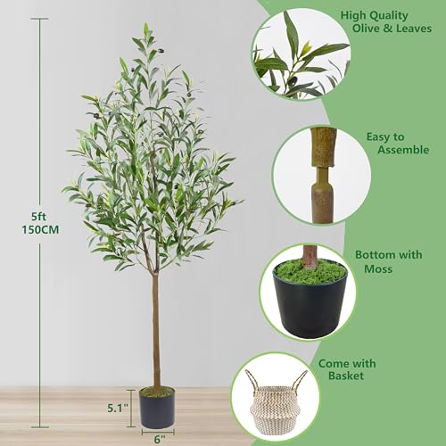 Warmplants Artificial Olive Tree, 5ft Tall Fake Olive Leaves Plant with Basket, Indoor Outdoor Faux Olive Topiary Silk Tree for Home Livingroom Office House Décor - size: 5ft