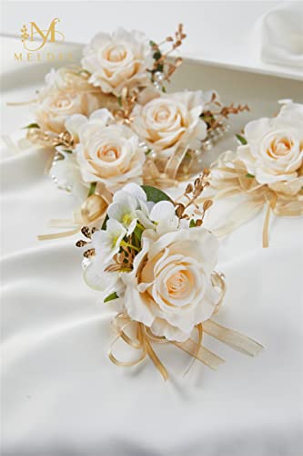 Women Champagne Faux Rose Wrist Corsages Set 6Pcs for Wedding Prom | Silk Flowers With Pearl Wrist for Brides, Bridesmaids & Mothers, Artificial Roses for Homecoming Ceremony Anniversary Party - color: Light Champagne Wrist Corsages 6pcs