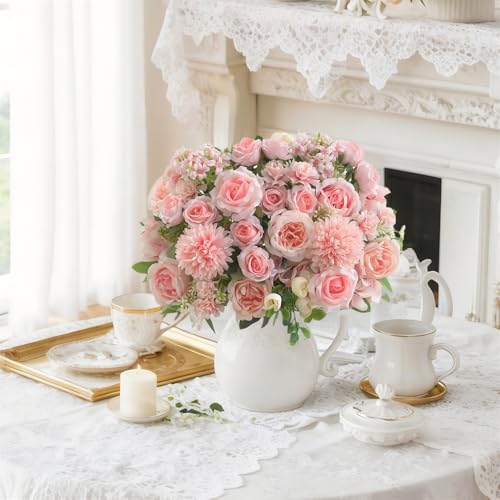 8 Pcs Mixed Artificial Peony Flowers Set-4 Bouquets & 4 Stems, Pink Fake Peony Rose Hydrangea Flowers for Vase Silk Floral Arrangements for Table Centerpiece Wedding Party Bridal Decoration Home Decor - color: Champagne Pink, size: Mixed 8pcs