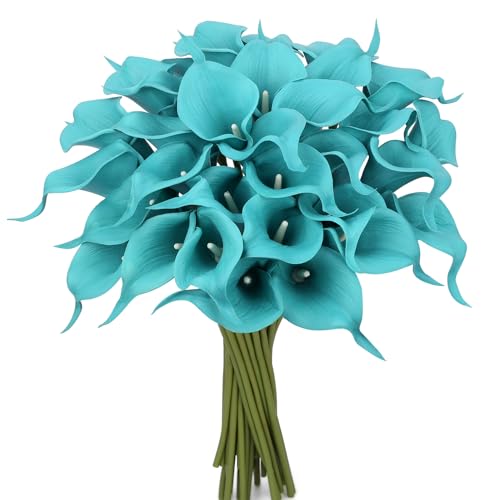 24 Pcs Teal Flowers Artificial Calla Lily Flower Fake Teal Silk Flowers Real Touch for Wedding Bouquet Home Kitchen Decor - color: Teal