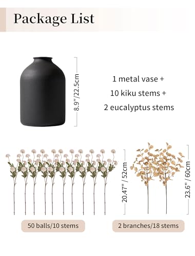 BLOSMON Fake Flowers Centerpieces for Tables: Gifts for Women Metal Vase with 12 Stems of Artificial Mums Kiku Eucalyptuses for Dining Room - Beige Faux Floral Arrangements in vase for Mothers Day - color: Beige