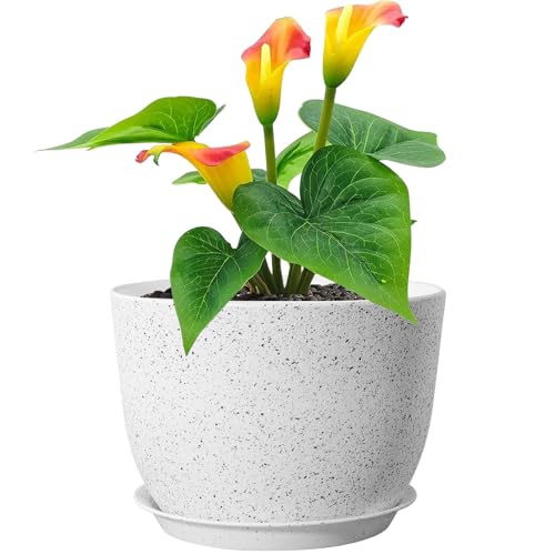Meowell Plant Pots 12 inch, Plastic Planters with Drainage Holes and Saucers, Large Flower Pots for Indoor Outdoor Plants, Modern Decorative Pots for Garden House Plants, Speckled White - color: Speckled White, size: 12inch C
