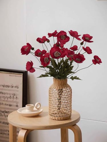 IPOPU Red Poppy Flowers 6pcs Artificial Poppies Faux Vintage Silk Flower Arrangements for Wedding Centerpieces, Home Table, Bridal Shower Party Decorations - color: Red