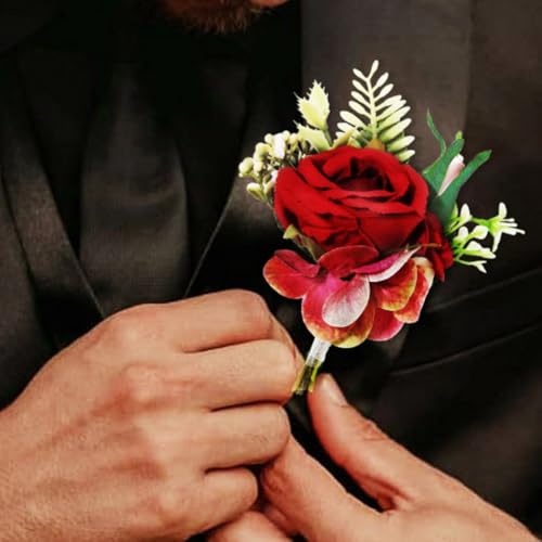 Wedding Flower Boutonniere Red Groom Rose Buttonholes Men's Boutineer Party Suit Decoration Prom Anniversary Accessories for Groomsmans and Man (A-Red) - color: A-red